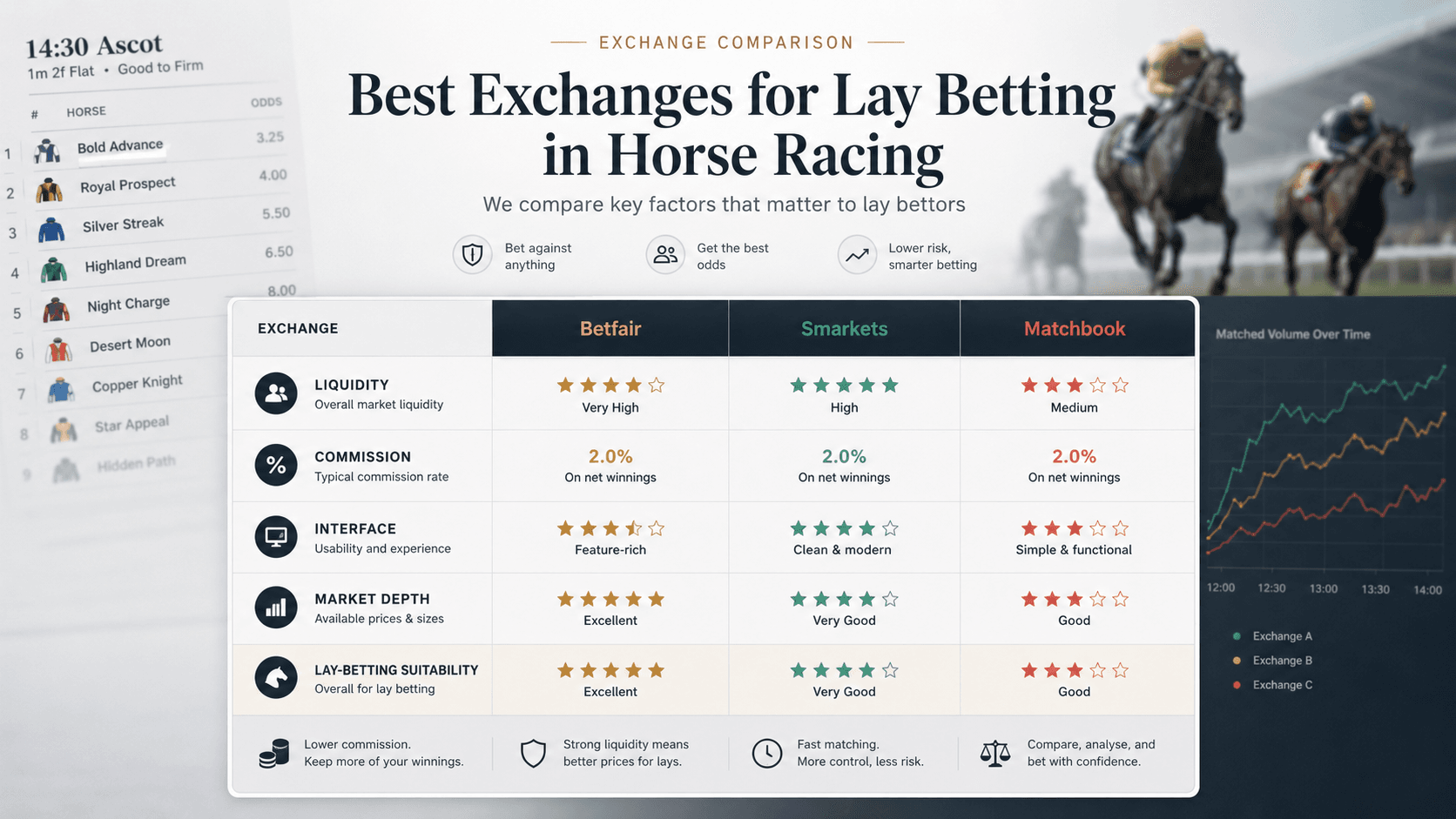 Editorial comparison table for Betfair, Smarkets, and Matchbook horse racing lay betting research