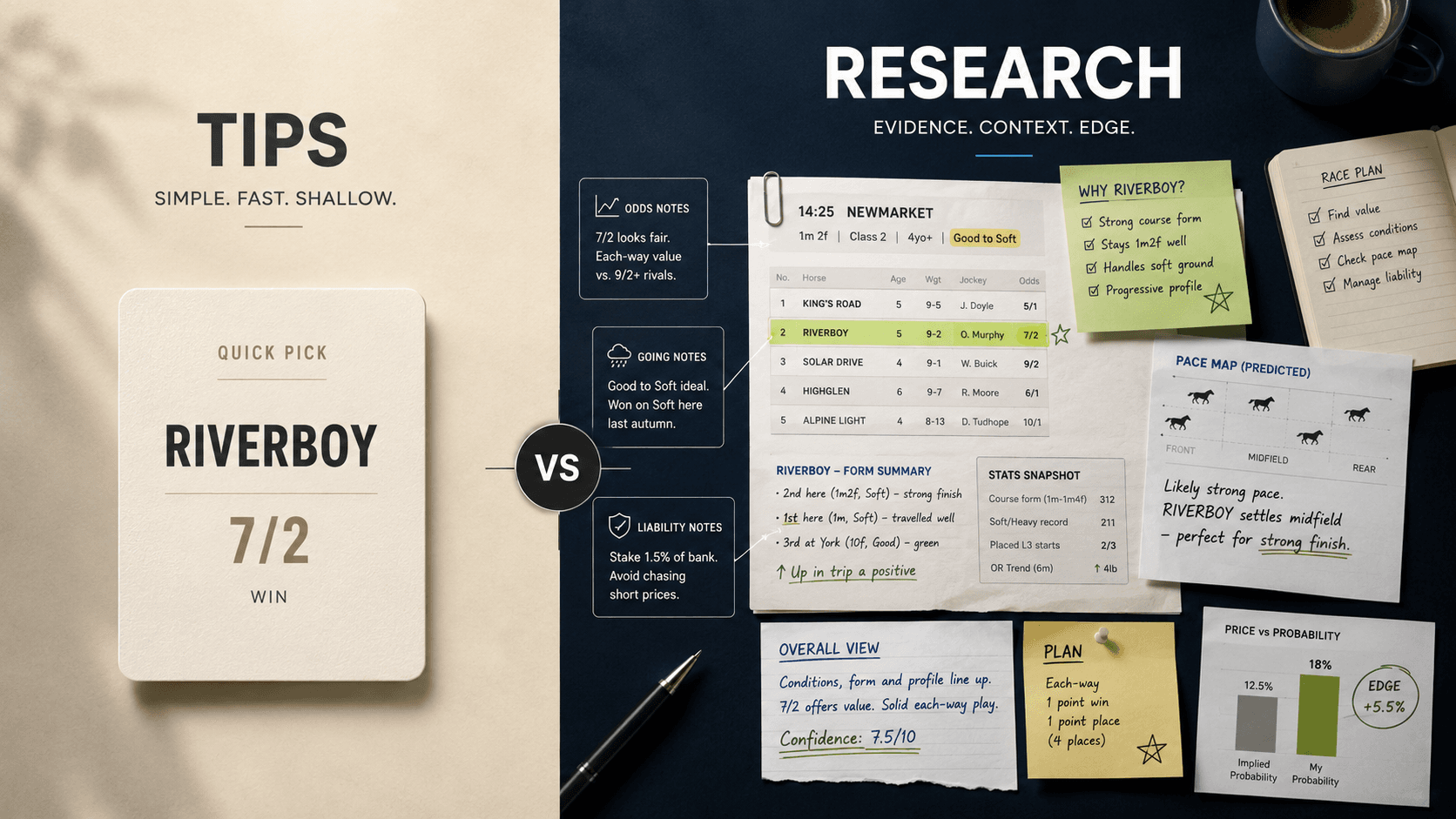Split concept showing a simple horse racing tip versus layered lay betting research notes