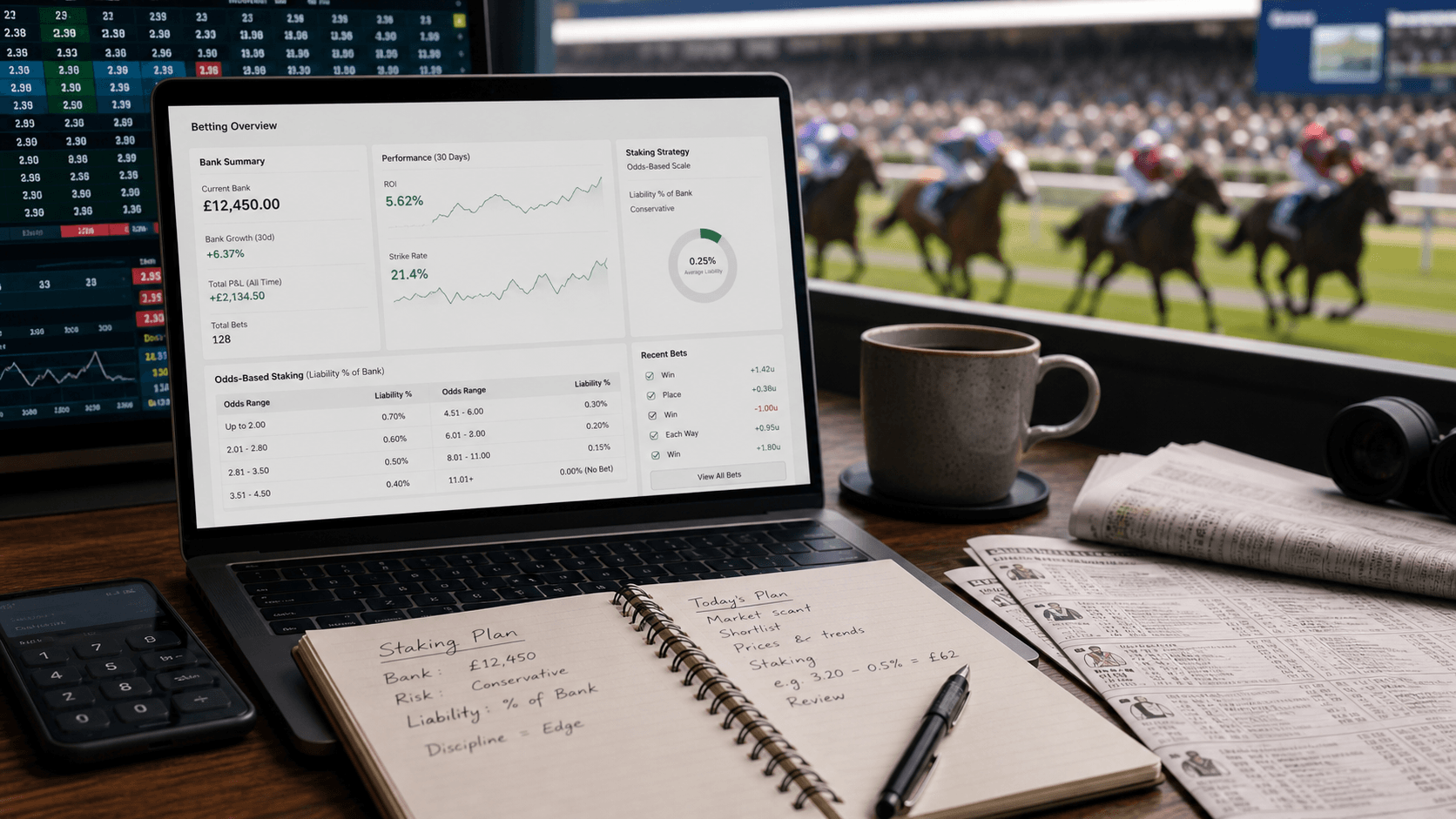 Odds based staking overview with bank summary, liability percentages, and racing analysis notes